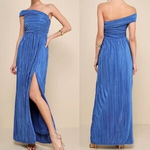 Poised Performance Blue Plisse One-Shoulder Maxi Dress